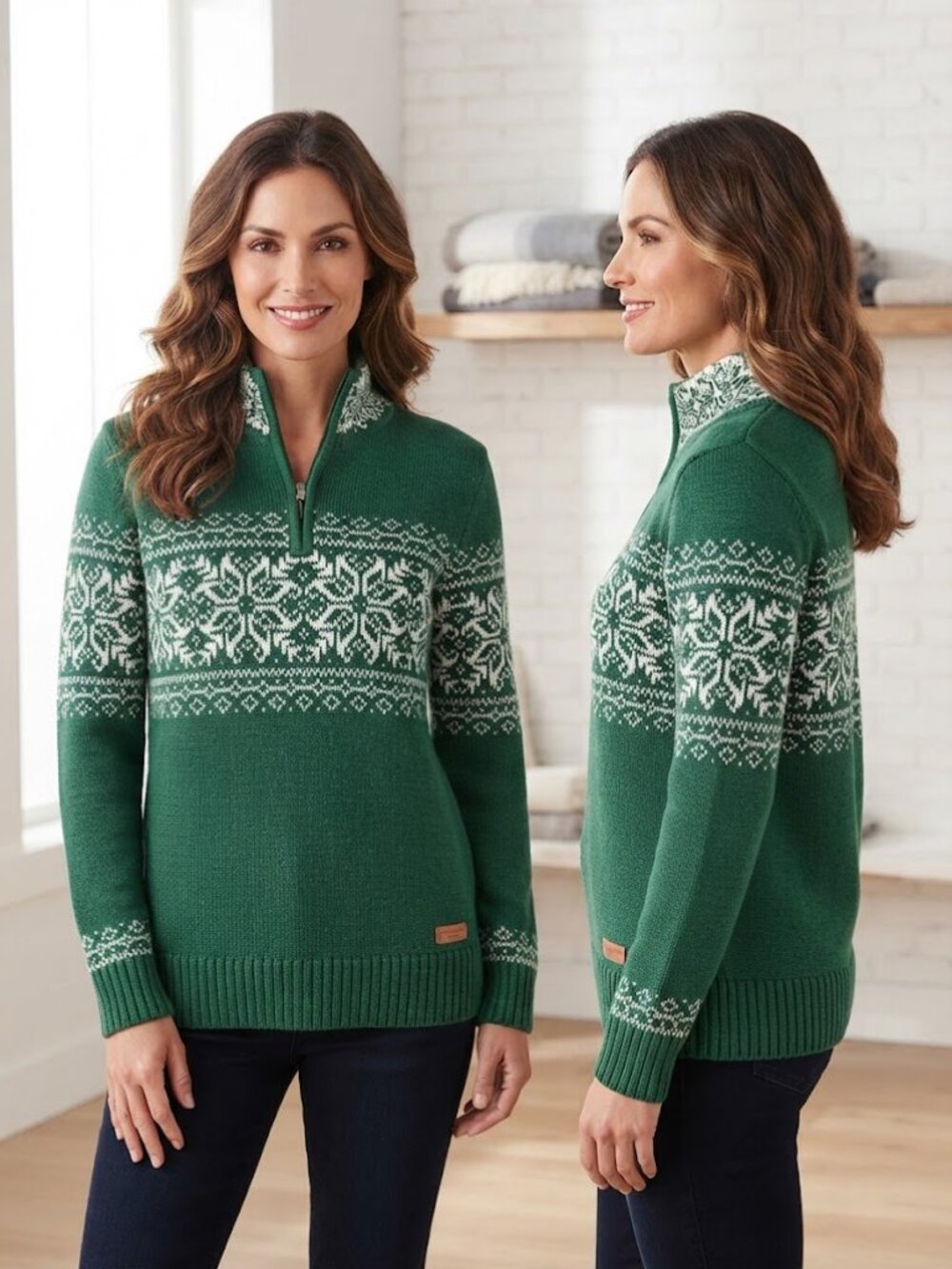 Christopher & Banks Green White Snowflakes Fair Isle 1/4 Zip Sweater Size M NEW